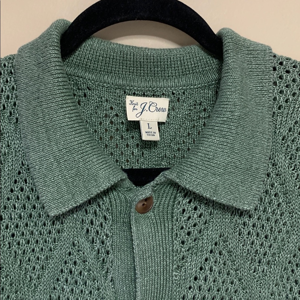 J. Crew Men’s Green Short-Sleeve Linen Diamond-Stitch Large Sweater Polo - Picture 2 of 12